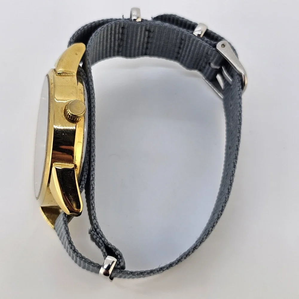Men's Analog Watch 38MM Black Dial Day Date NEW Gray Canvas Band NEW Battery